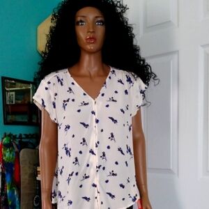 Liz Claiborne NWT Summer Top Cap Sleeves Cream Blue Floral Size L Rayon